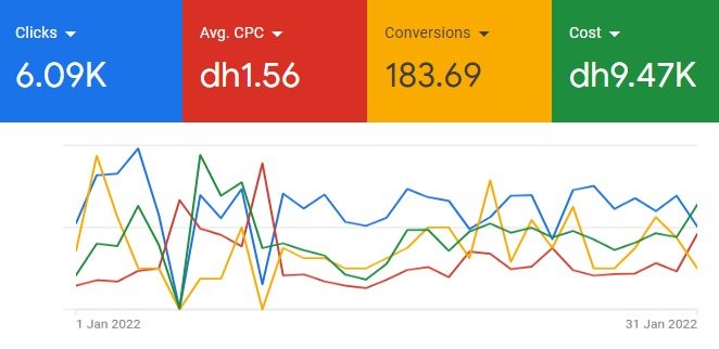 Google Ads overview for January 2022: 6.09K clicks, 183.69 conversions, $0.42 average CPC, $2.58K cost