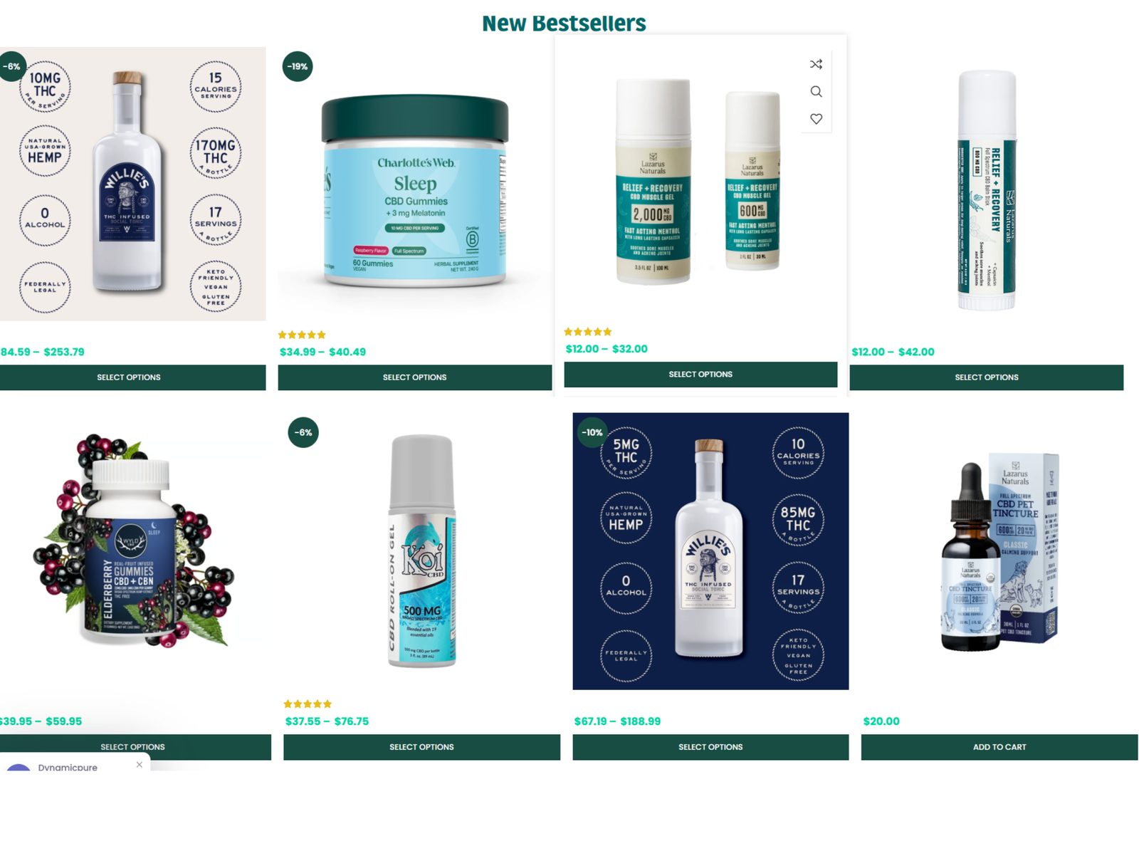 Dynamic Pure New Bestsellers product grid with prices and options