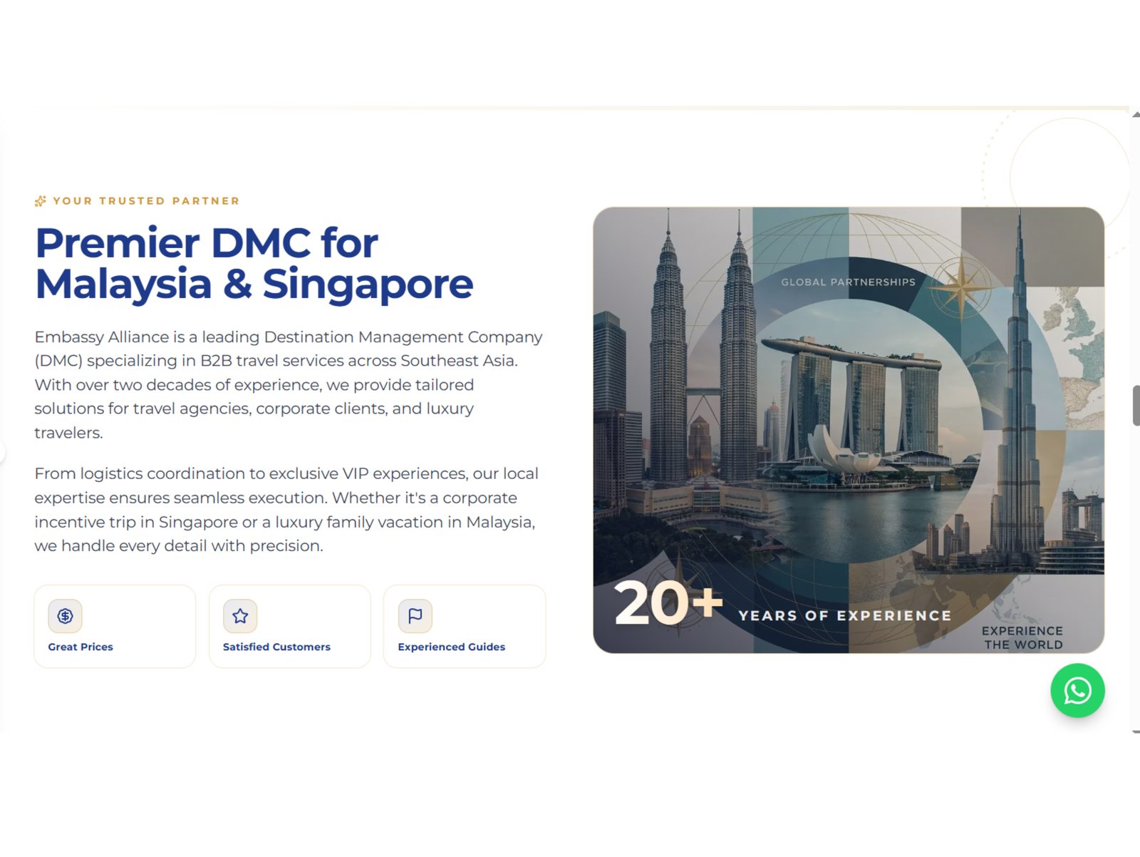 Embassy Alliance Premier DMC for Malaysia & Singapore section with 20+ years of experience