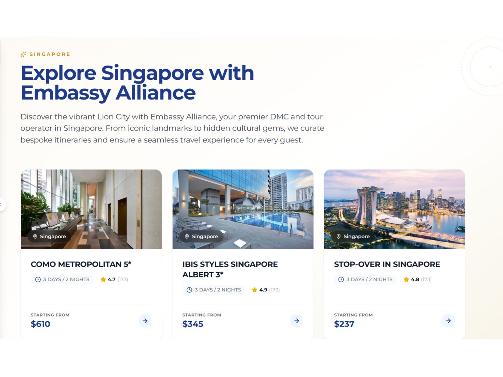 Explore Singapore with Embassy Alliance: hotel package cards with prices