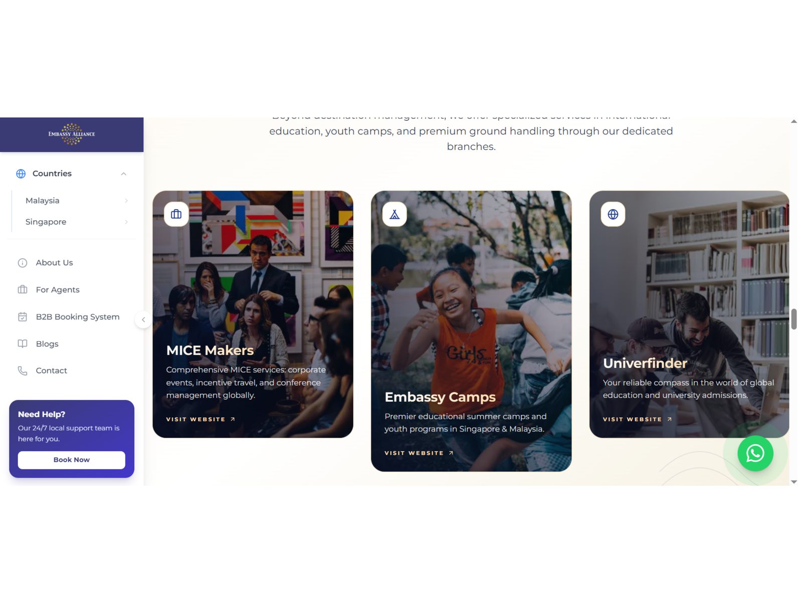 Embassy Alliance sidebar navigation and brand cards for MICE Makers, Embassy Camps and Univerfinder