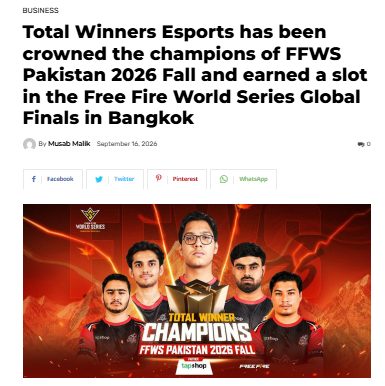 Online article: Total Winners Esports crowned champions of FFWS Pakistan 2026 Fall
