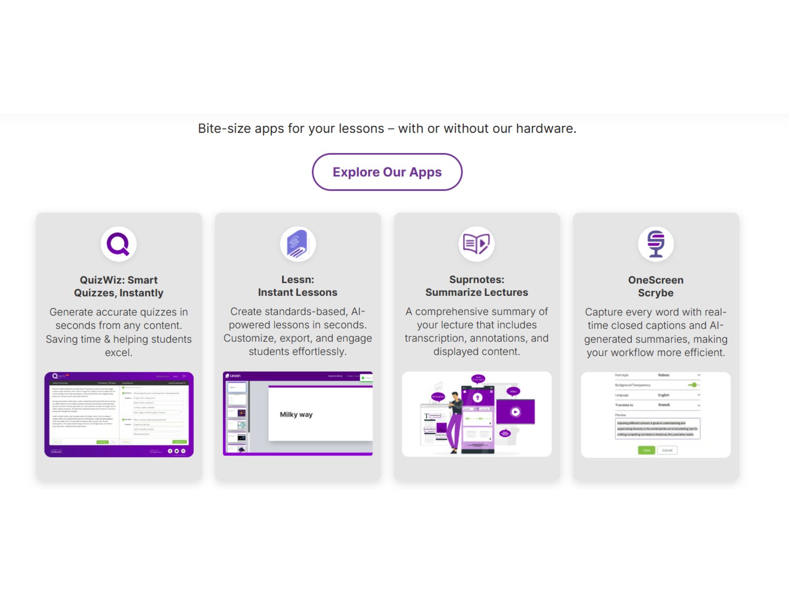 OneScreen apps section: QuizWiz, Lessn, Suprnotes and OneScreen Scrybe