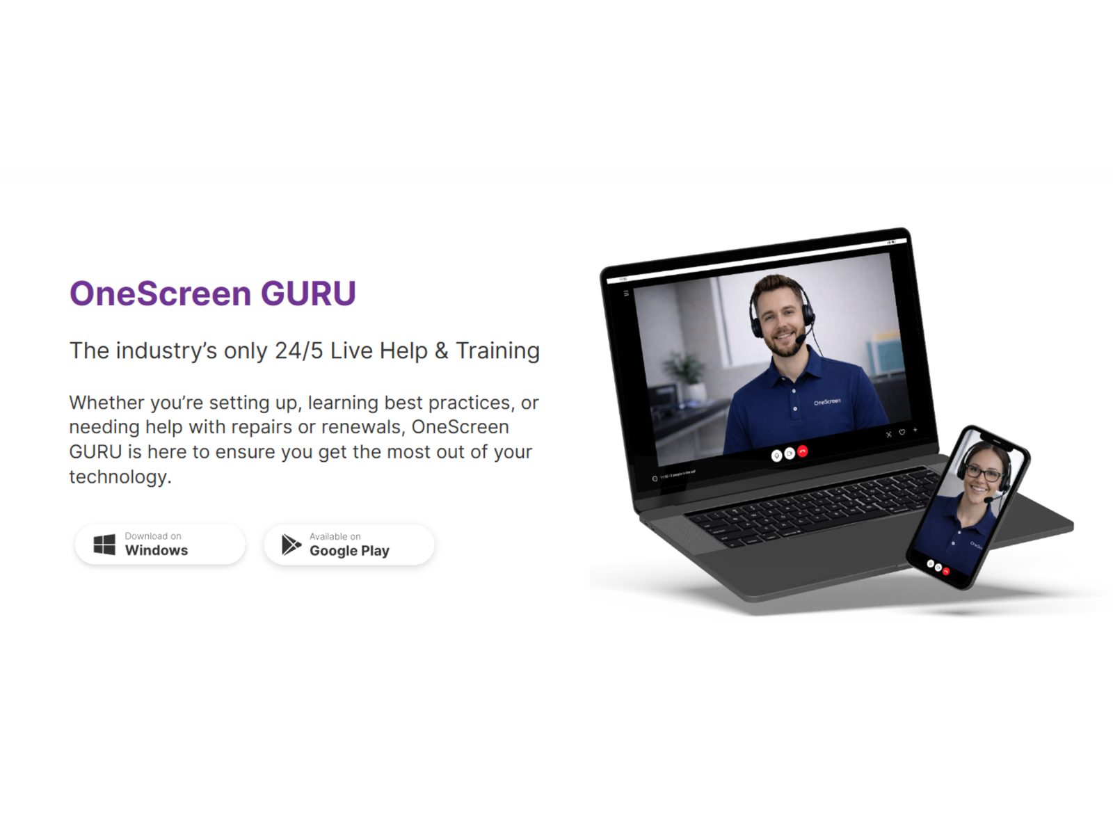 OneScreen GURU page: the industry's only 24/5 live help and training