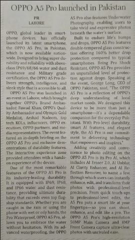 English-language newspaper clipping: OPPO A5 Pro launched in Pakistan