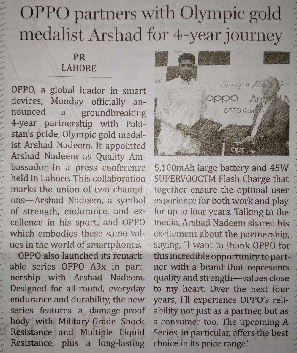 Newspaper clipping: OPPO partners with Olympic gold medallist Arshad Nadeem for a 4-year journey