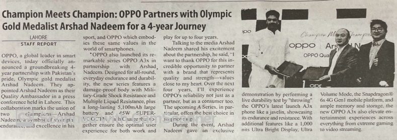 Newspaper clipping: Champion Meets Champion, OPPO partners with Arshad Nadeem