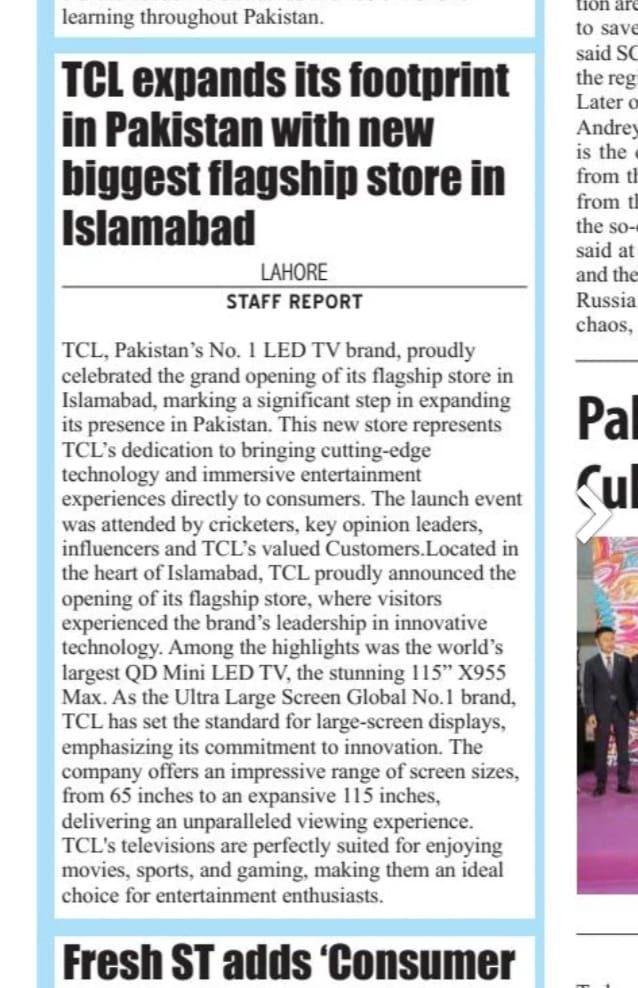Newspaper clipping: TCL expands its footprint in Pakistan with new biggest flagship store in Islamabad