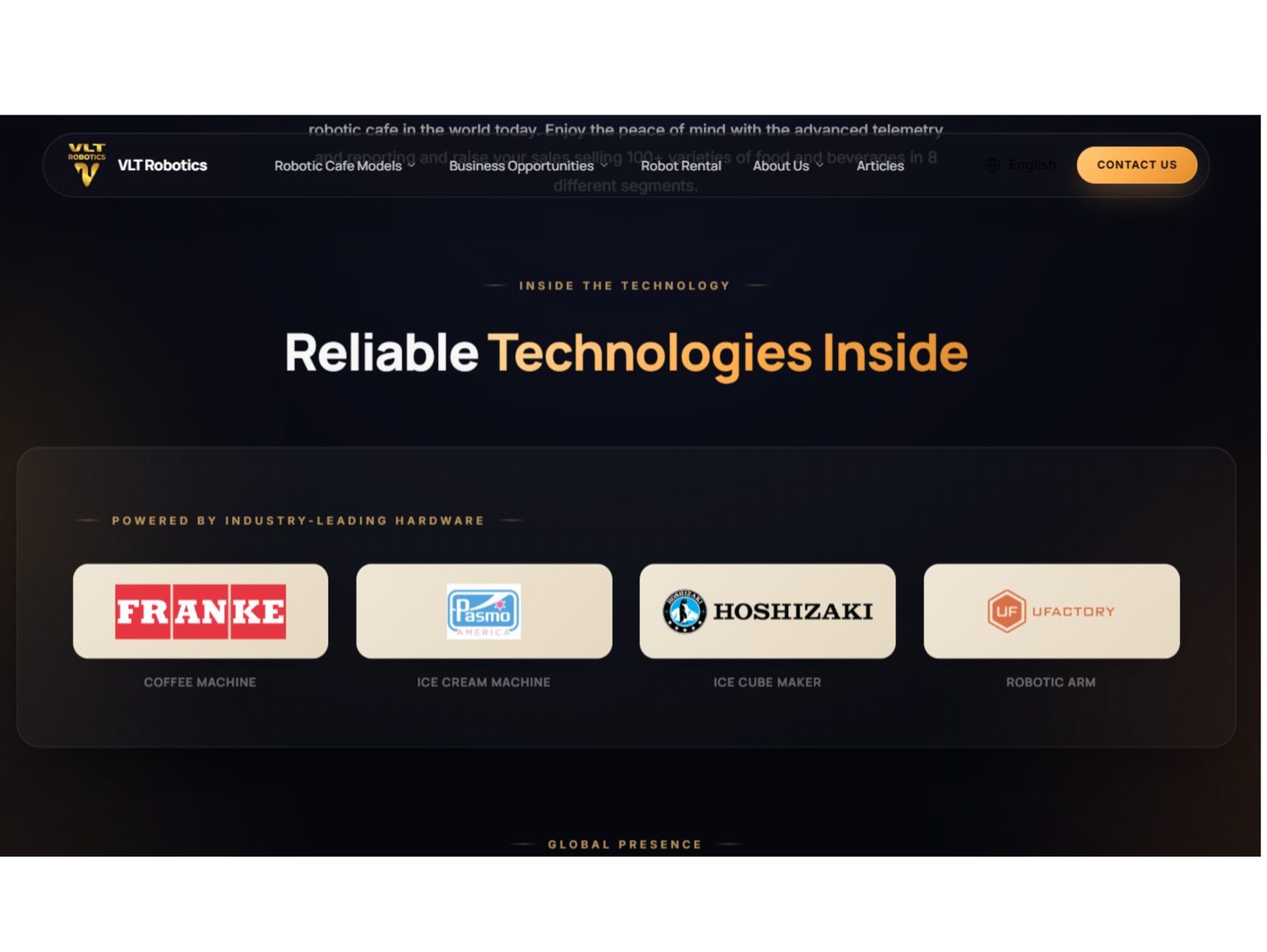 VLT Robotics Reliable Technologies Inside section showing hardware partners Franke, Pasmo, Hoshizaki and UFactory
